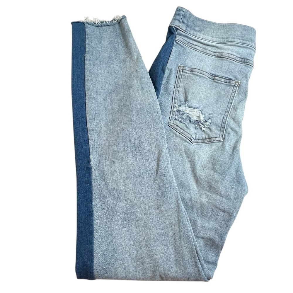 Spanx Womens Medium 2 Tone Medium Wash Pull On Distressed Skinny Jeans Raw Hem